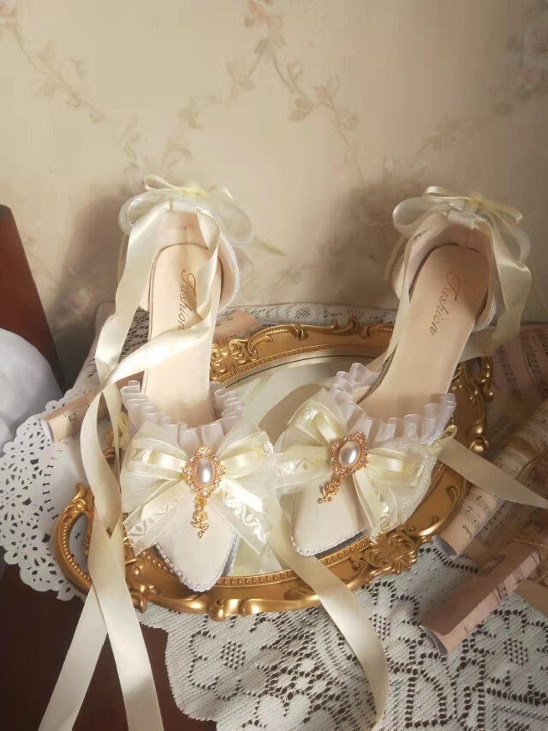 White With Champagne Gold Ribbon High Heels Marie Shoes