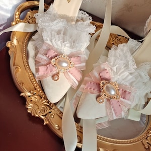 White With Pink Ribbon High Heels Marie Antoinette Shoes Rococo Baroque Clothing Bridal High Heels Paris Wedding Shoes image 5