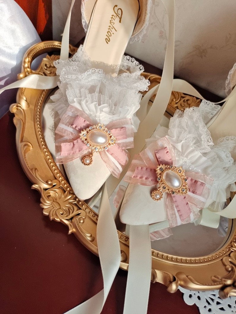 White With Pink Ribbon High Heels Marie Antoinette Shoes Rococo Baroque Clothing Bridal High Heels Paris Wedding Shoes image 5