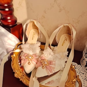 White With Pink Ribbon High Heels Marie Antoinette Shoes Rococo Baroque Clothing Bridal High Heels Paris Wedding Shoes image 8
