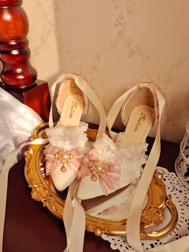 White With Pink Ribbon High Heels Marie Antoinette Shoes Rococo Baroque Clothing Bridal High Heels Paris Wedding Shoes image 8
