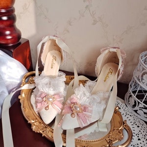 White With Pink Ribbon High Heels Marie Antoinette Shoes Rococo Baroque Clothing Bridal High Heels Paris Wedding Shoes image 2