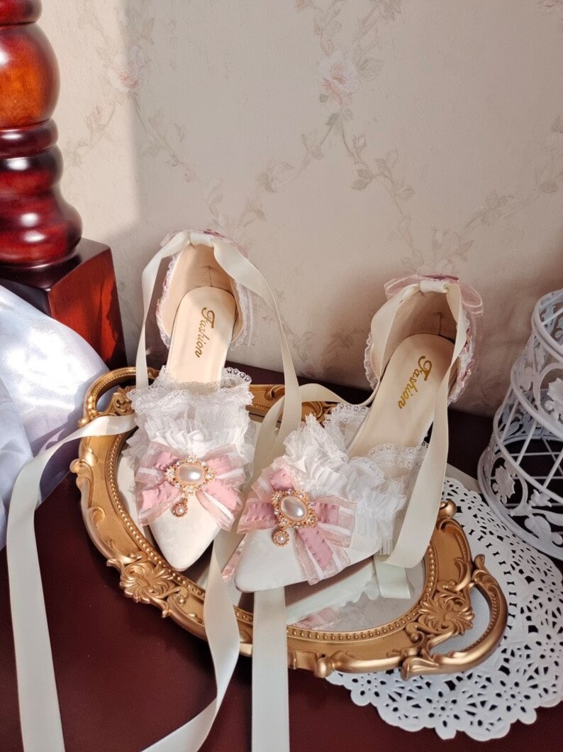 White With Pink Ribbon High Heels Marie Antoinette Shoes Rococo Baroque Clothing Bridal High Heels Paris Wedding Shoes image 2