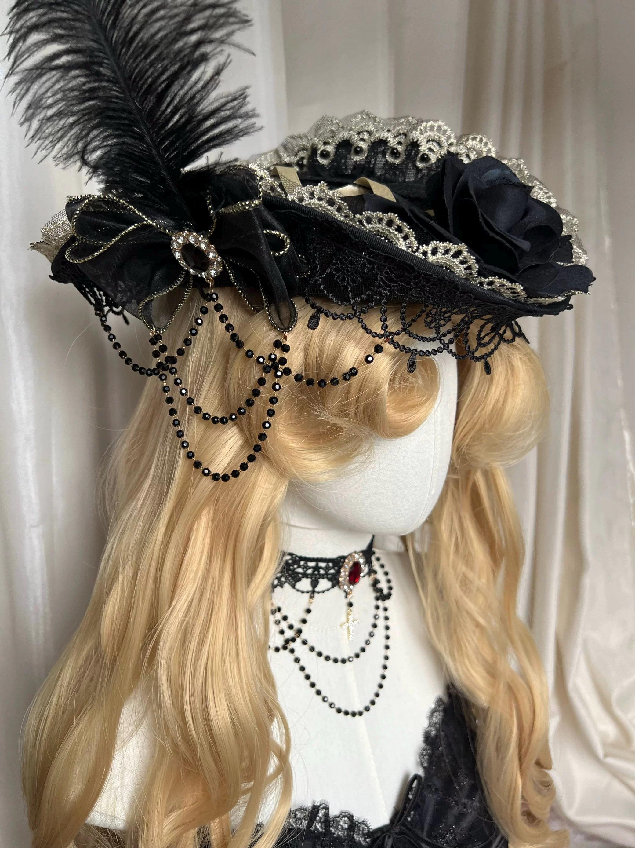 Black and Gold Ladies Marie Antoinette Masquerade Tricorn Lace and Ribbon Hat Marie Antoinette Tricorn Hat: Buttercream Silk, Black Lace  main image 3