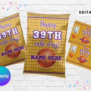 de sac de jetons d'anniversaire de basket-ball | Emballage de collation en toile or violet éditable | Téléchargez le modèle de toile modifiable