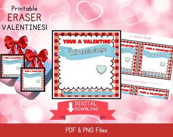 Printable Eraser Valentine Cards | Kids Classroom Valentines (PDF & PNG)