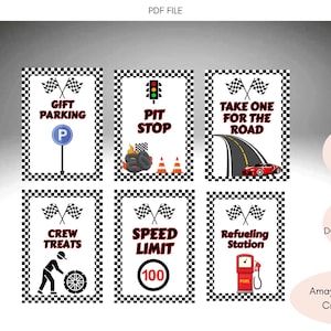 May include: Six racing-themed printable signs with black and white chequered borders. The signs feature text like "Gift Parking," "Pit Stop," and "Speed Limit 100." The signs are labelled "PDF File" and "Instant Download."