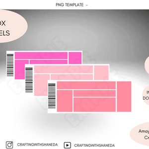 May include: Three pink and white box labels with black barcode and white lines. The labels are stacked on top of each other. The text "BOX LABELS" is in a white oval at the top left of the image. The text "PNG File" is in a white oval at the top right of the image. The text "INSTANT DOWNLOAD" is in a white oval at the bottom right of the image. The text "Amaya's Digital Creations" is in a white oval at the bottom right of the image.