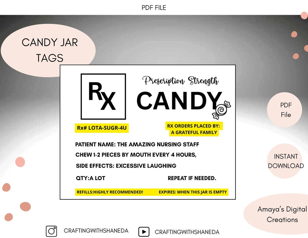 Punny Nurse Gift Tag, Prescription Candy Label (PDF, PNG) - Etsy
