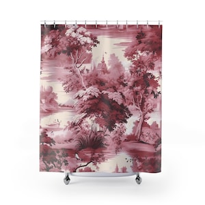 Charming Pink Toile de Jouy Shower Curtain for Vintage Bathroom DecorCharming