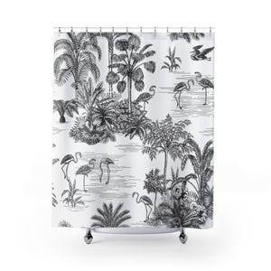 Tropical Flamingo Shower Curtain: Exotic Palm Tree Bathroom Decor