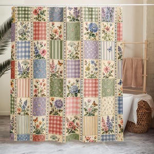 Floral Patchwork Shower Curtain, Cottagecore Bathroom Decor, Pastel Quilt Bath Curtain