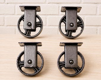 Set of 4 Black Cast Iron Heavy Duty Casters: 2.5" Industrial Cart Wheels