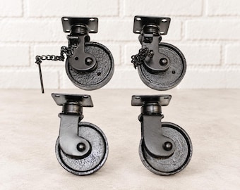 Set of 4 Cast Iron Casters, 2 Locking & 2 Non-Locking Heavy Duty Swivel Wheels
