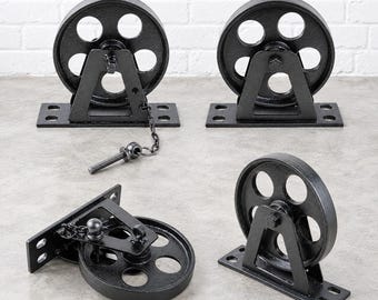 Set of 4: 7" Vintage Style Heavy Duty Cast Iron Casters (2 Lock )