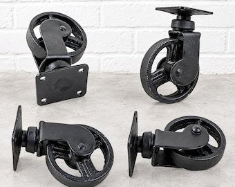 Set of 4: 2.5" Heavy Duty Cast Iron Swivel Caster Wheels | Black Industrial Vintage Hardware for Coffee Table, Workbench, DIY Furniture