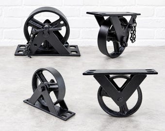 Set of 4: 5" Black Cast Iron Industrial Casters with Lock (2 Locking)