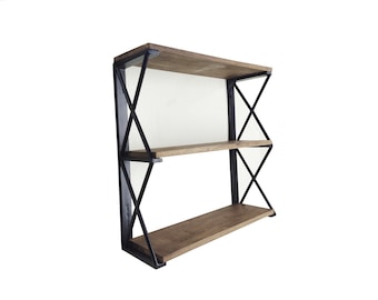 Estante de pared industrial de 3 niveles: metal negro y madera