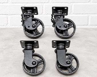 Set of 4 Swivel Iron Casters: Vintage Style Trolley Wheels (2 Locking)