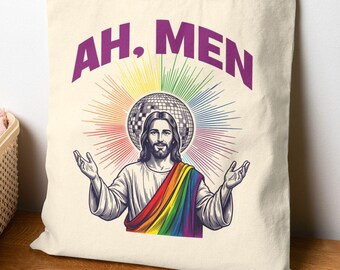 Gay Tote Bag - Funny Pride Tote Bag - Ah Men Rainbow Queer Tote Bag - Inappropriate Tote - LGBT Gay Pride Canvas Bag - Rainbow Pride Tote