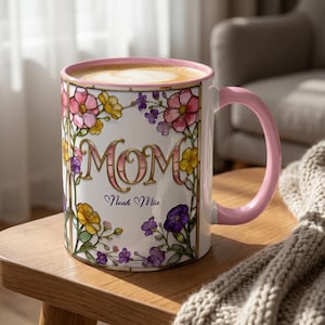 Custom MOM Mug with Kids Names - Personalized Stained Glass Floral Mug - Mothers Day Gift for Mom, Mom Birthday Boho Floral Mug Gift for Her image 2