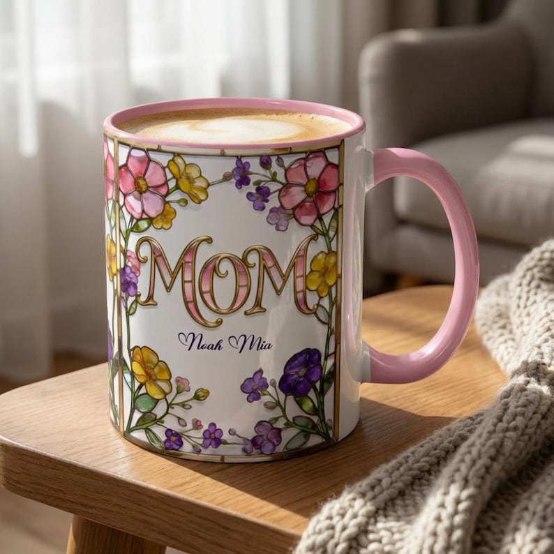 Custom MOM Mug with Kids Names - Personalized Stained Glass Floral Mug - Mothers Day Gift for Mom, Mom Birthday Boho Floral Mug Gift for Her image 2