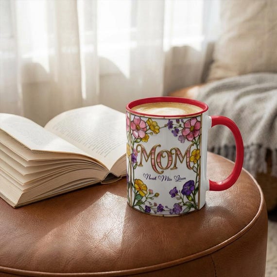 Custom MOM Mug with Kids Names - Personalized Stained Glass Floral Mug - Mothers Day Gift for Mom, Mom Birthday Boho Floral Mug Gift for Her