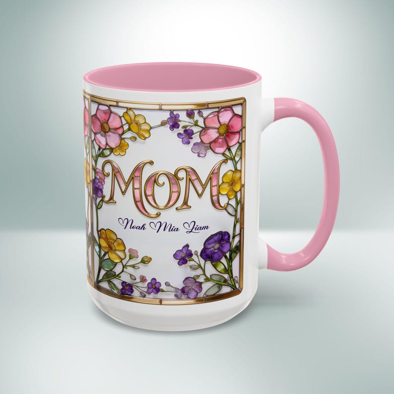 Custom MOM Mug with Kids Names - Personalized Stained Glass Floral Mug - Mothers Day Gift for Mom, Mom Birthday Boho Floral Mug Gift for Her image 10