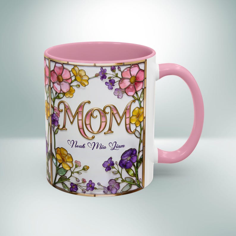 Custom MOM Mug with Kids Names - Personalized Stained Glass Floral Mug - Mothers Day Gift for Mom, Mom Birthday Boho Floral Mug Gift for Her image 8