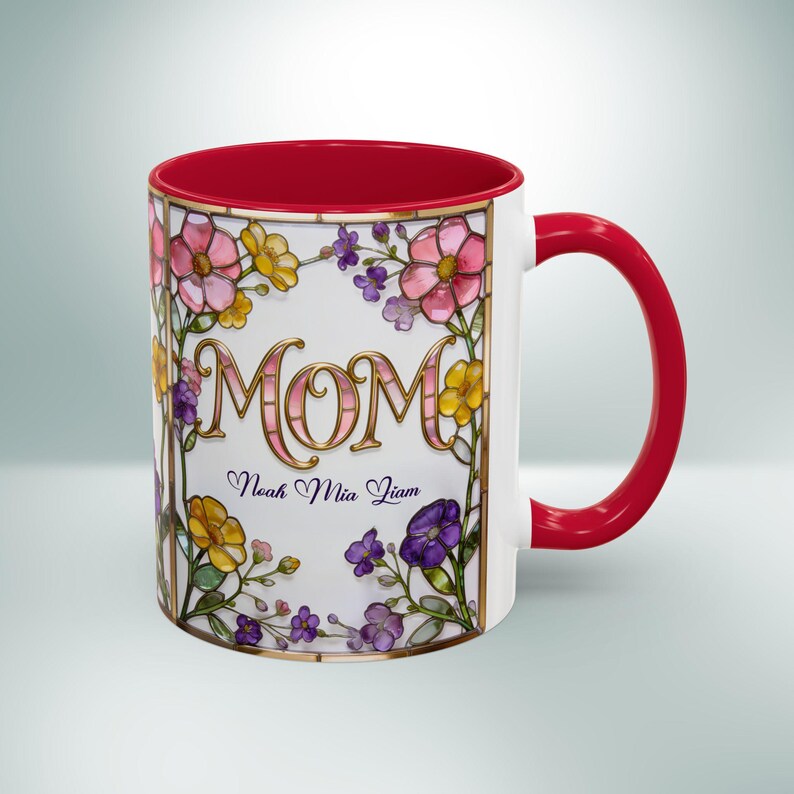 Custom MOM Mug with Kids Names - Personalized Stained Glass Floral Mug - Mothers Day Gift for Mom, Mom Birthday Boho Floral Mug Gift for Her image 4