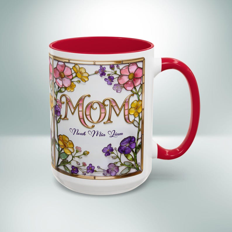 Custom MOM Mug with Kids Names - Personalized Stained Glass Floral Mug - Mothers Day Gift for Mom, Mom Birthday Boho Floral Mug Gift for Her image 6