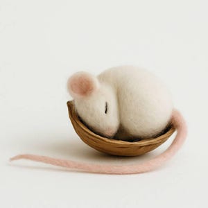 Può includere: Un topo di feltro bianco con orecchie rosa e una lunga coda sta dormendo dentro una metà di noce.