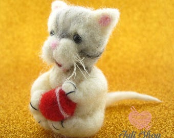 Handmade Wool Kitten Figurine, Needle Felted Cat Sculpture, Tiny Feline With Yarn Ball, Valentine Gift For Kitty Lovers, Fiber Statuette