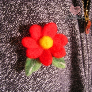 Needle Felted Flower Red Brooch