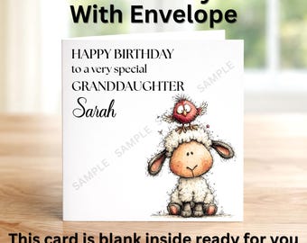 May include: A 6" x 6" birthday card with envelope. The card reads "HAPPY BIRTHDAY to a very special GRANDDAUGHTER Sarah." A cartoon sheep with a bird on its head is featured. The card is blank inside for a personal message.