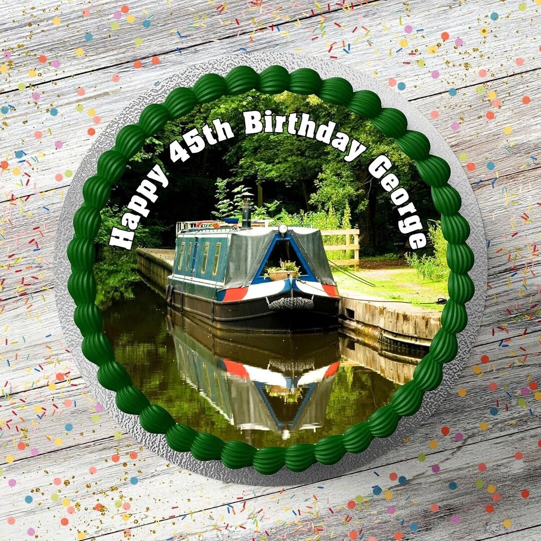 Canal Boat Barge Personalised Birthday Cake Topper 7.5 Inch Round ...