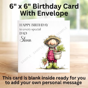 May include: A 15 cm x 15 cm birthday card with envelope. The card reads "HAPPY BIRTHDAY to a very special DAD Steven". An illustration of a farmer holding a bucket of vegetables is on the card. The card is blank inside, ready for a personal message.
