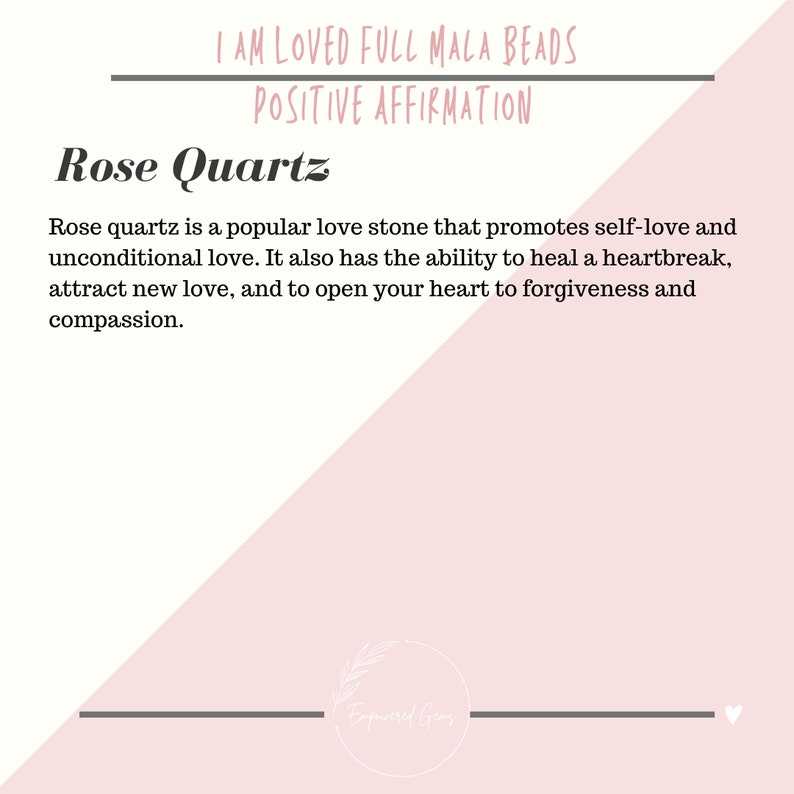 Love Chakra Reiki Crystal Healing Genuine Gemstones with Positive Affirmation I am Loved Rose Quartz Full Knotted Mala