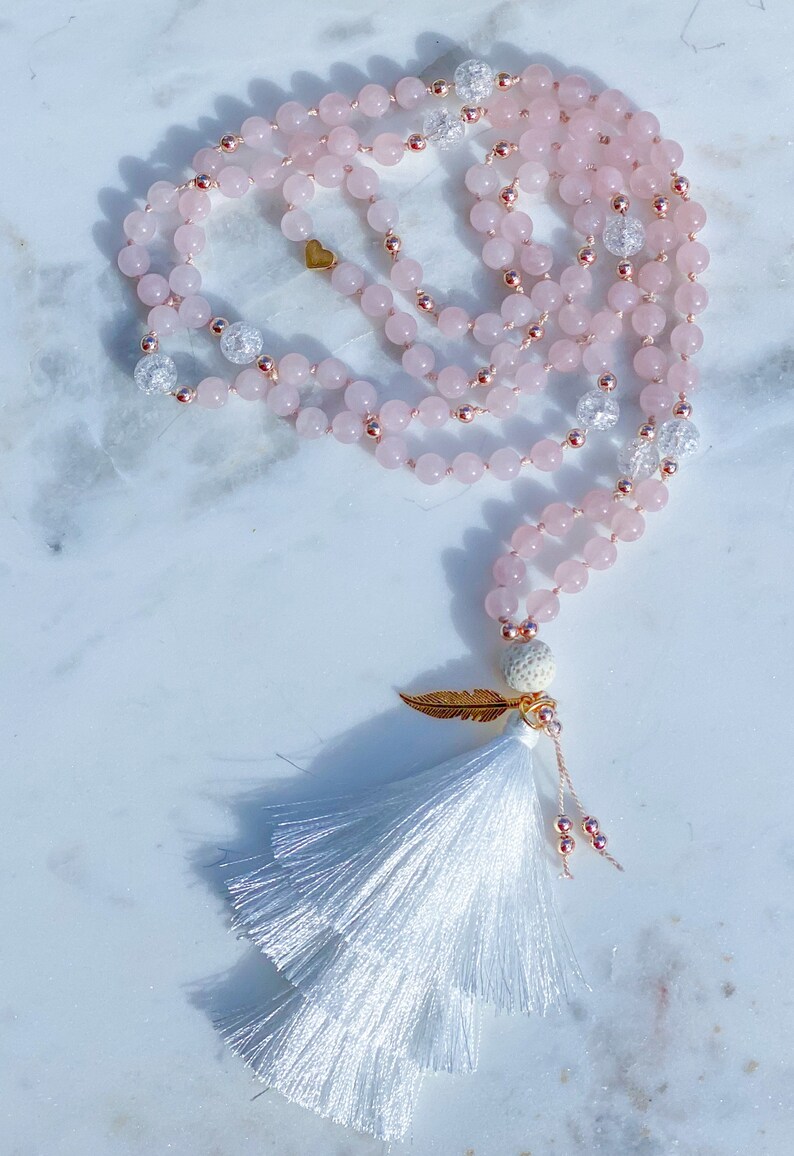 Love Chakra Reiki Crystal Healing Genuine Gemstones with Positive Affirmation I am Loved Rose Quartz Full Knotted Mala
