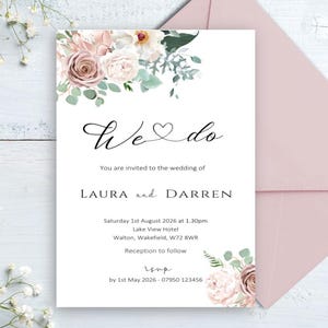 Blush Pink Personalised Wedding Invitation, Textured Card, Envelopes Included image 1