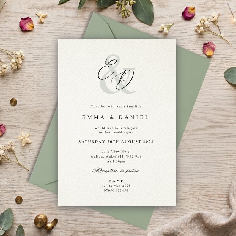 May include: A white wedding invitation card with black serif and script typography featuring the names Emma and Daniel, the date Saturday 26th August 2028, and event details, placed on a sage green envelope with a textured paper finish.