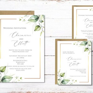 May include: Wedding invitation suite with a leafy green and gold design. The invitation features the names "Charmaine and Elliott" and the date "Saturday 3rd August 2024". The save the date card also features the names "Charmaine and Elliott" and the date "Saturday 3rd August 2024".
