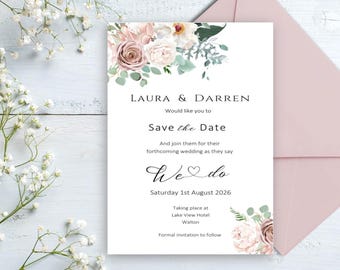 Blush we do design save the date cards, save the date, white or ivory card, envelopes included various colours available, matching invites