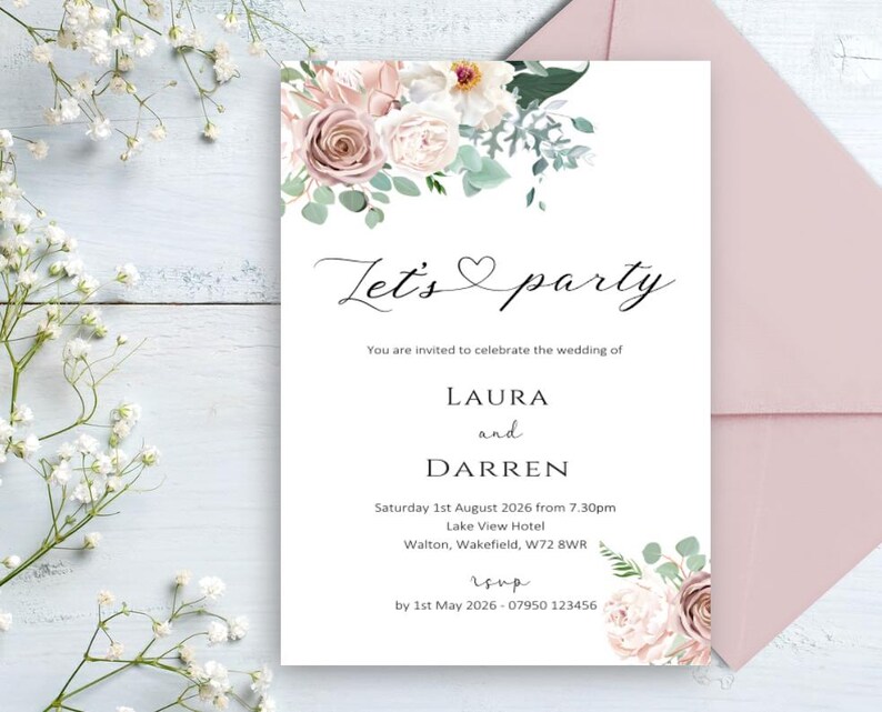 May include: A wedding invitation featuring a floral design in shades of pink and green. The text reads "Let's party" and includes the names Laura and Darren, the date and time of the wedding, and the location. RSVP information is also included.