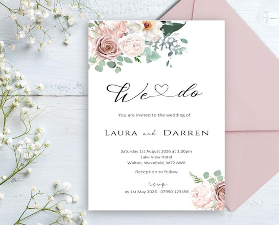 Blush Pink Personalised Wedding Invitation, Textured Card, Envelopes Included