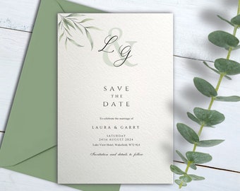 Initial design save the date cards, save the date, white or ivory card, envelopes included various colours available, matching invites