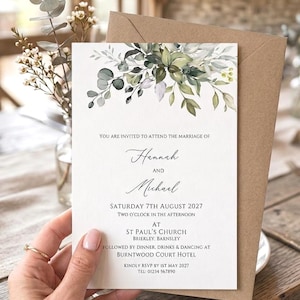 Printed wedding invitations, Personalised evening invites, Botanical design, Envelopes included