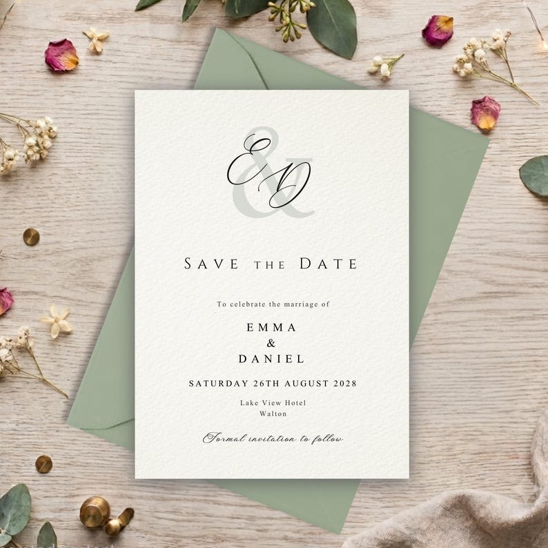 May include: A white rectangular save the date card featuring a large grey ampersand and black script initials E and D. The text reads Save the Date to celebrate the marriage of Emma and Daniel on Saturday 26th August 2028 at Lake View Hotel Walton.
