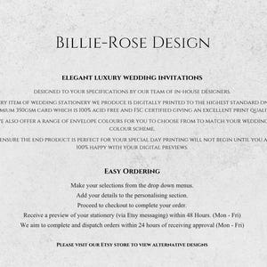May include: A white informational card with black text titled Billie-Rose Design. It details wedding invitation services, including 350gsm acid-free cardstock, digital printing, custom design specifications, envelope colour options, and an easy ordering process.