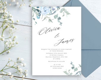 Handwritten dusky blue wedding invitations personalised, Evening reception invitation, Save the date, RSVP, Information card, Menu choice